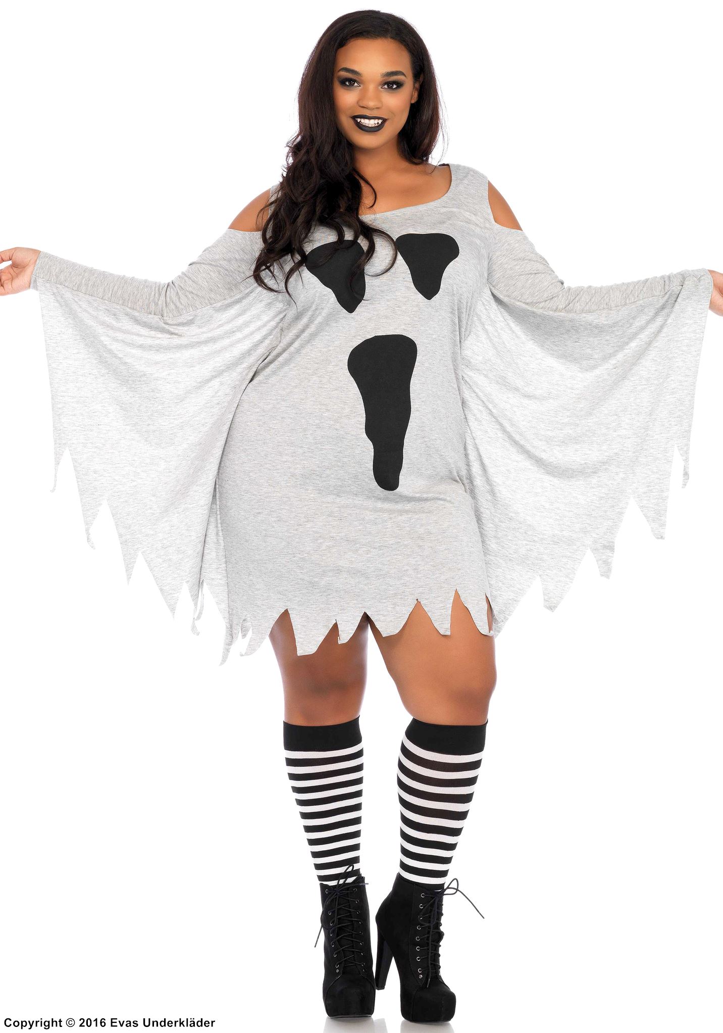 Female ghost, costume dress, cold shoulder, cape, XL to 4XL
